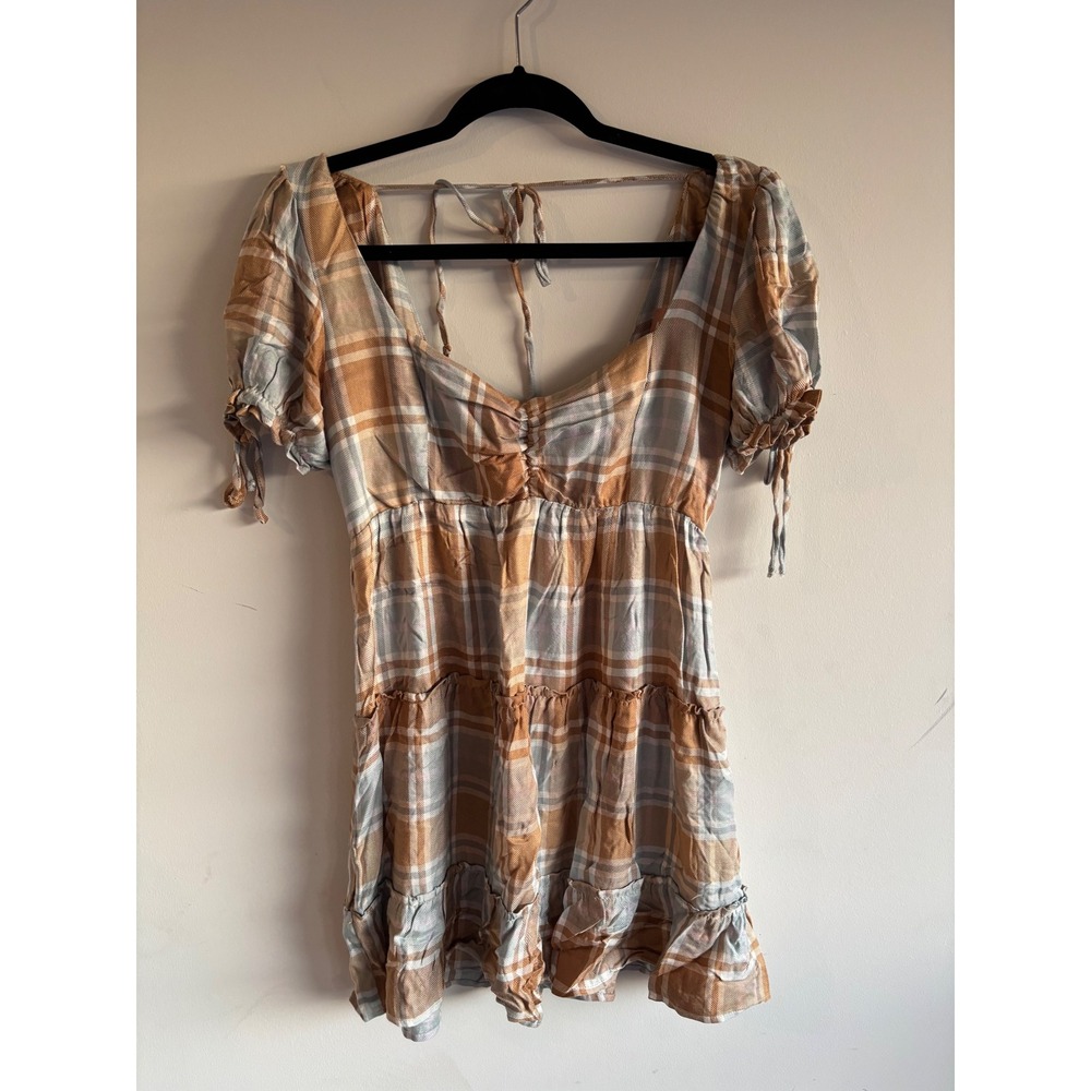 Show Me Your Mumu Plaid Ruched Empire Waist‎ Tiered Mini Dress Brown Blue M